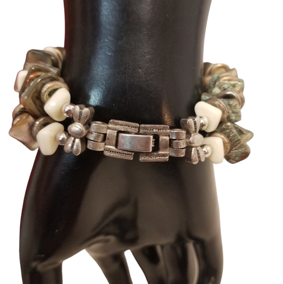 NATIVE AMERICAN STYLE SILVERTONED, GEMSTONE & ABALONE SHELL BAND LADIES WATCH - Picture 3 of 8